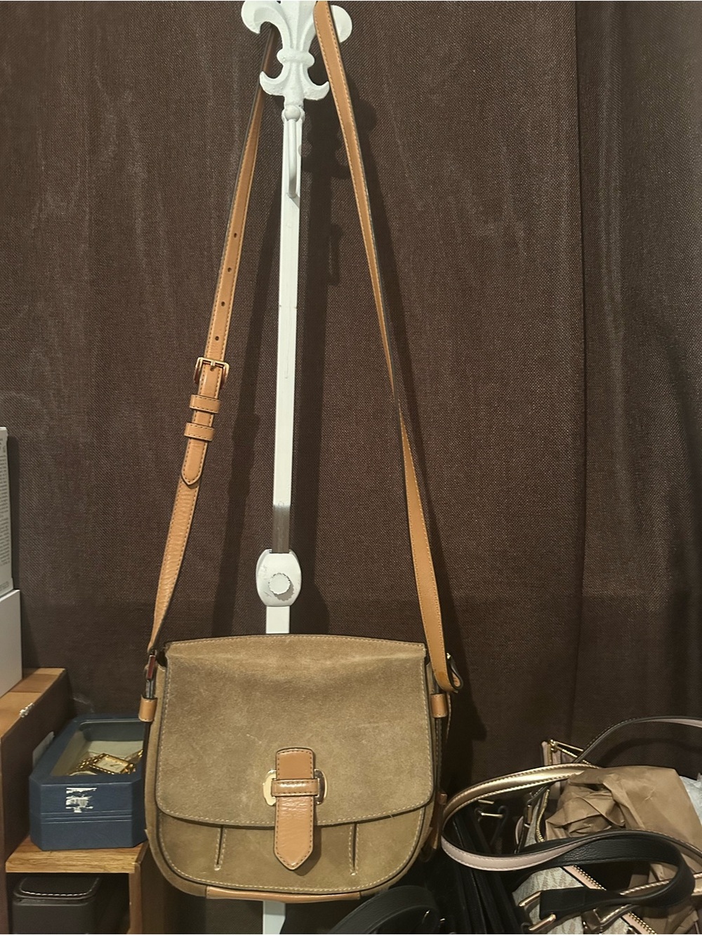 Michael Kors Tan Suede & Leather Crossbody Saddle Bag